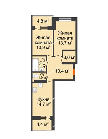 2 комнатная квартира 63,2 м² в ЖК Отражение, дом Литер 2.1