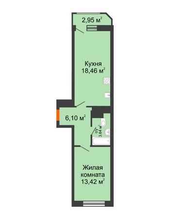 1 комнатная квартира 44,57 м² в ЖК Город времени, дом № 18