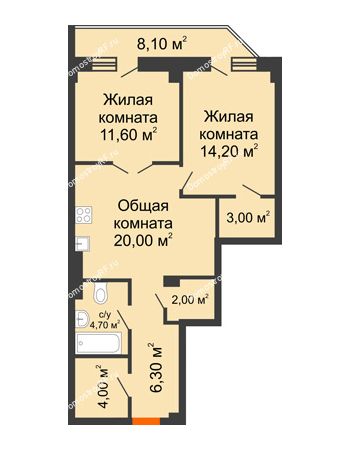 2 комнатная квартира 72,5 м² в ЖК Архиерейская роща, дом № 54б