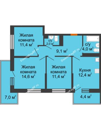3 комнатная квартира 64,9 м² в ЖК Отражение, дом Литер 1.2