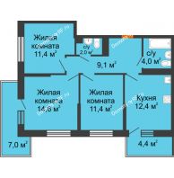 3 комнатная квартира 64,9 м² в ЖК Отражение, дом Литер 1.2 - планировка