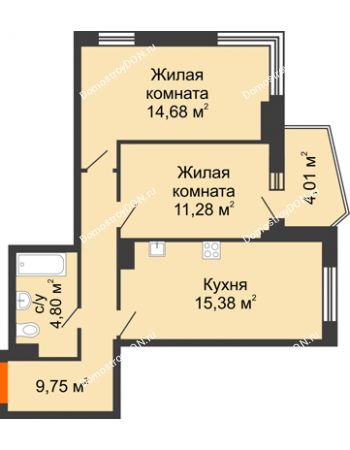 2 комнатная квартира 58,14 м² в ЖК Сердце Ростова 2, дом Литер 4