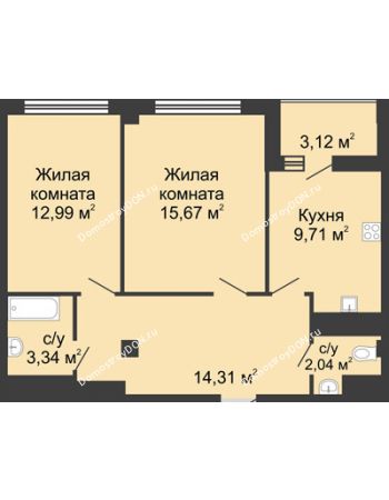 2 комнатная квартира 61,25 м² в  ЖК РИИЖТский Уют, дом Секция 1-2