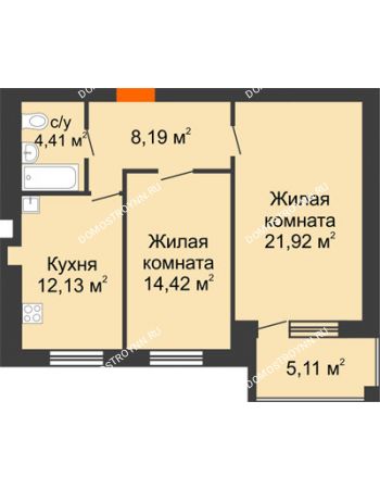 2 комнатная квартира 63,61 м² в ЖК Свобода, дом 2 очередь