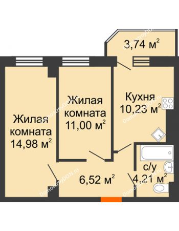 2 комнатная квартира 50,68 м² в ЖК Горизонт, дом № 2