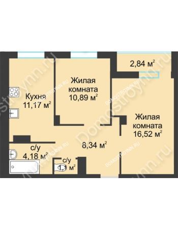 2 комнатная квартира 55,04 м² в ЖК На Вятской, дом № 3 (по генплану)