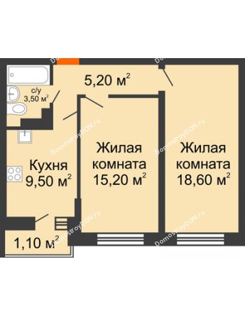 2 комнатная квартира 53,1 м² в ЖК SkyPark (Скайпарк), дом Литер 1, корпус 1, 2 этап
