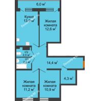 3 комнатная квартира 75,1 м² в ЖК Самолет, дом 4 очередь - Литер 22 - планировка