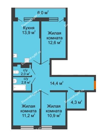 3 комнатная квартира 75,1 м² в ЖК Самолет, дом 4 очередь - Литер 22