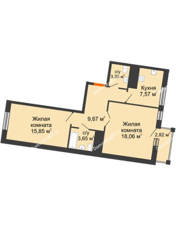 2 комнатная квартира 58,85 м² в ЖК Зеленодар, дом Литер 1