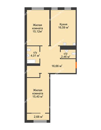 2 комнатная квартира 71,58 м² в ЖК Акватория	, дом ГП-1