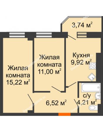 2 комнатная квартира 50,61 м² в ЖК Горизонт, дом № 2