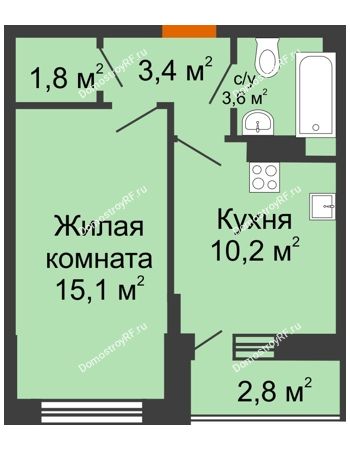 1 комнатная квартира 35,5 м² в ЖК Самолет, дом 4 очередь - Литер 22