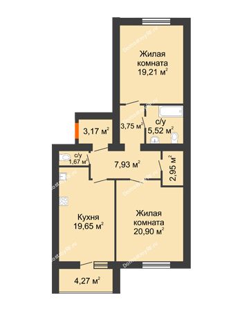 2 комнатная квартира 86,89 м² в ЖК Майский, дом № 6, секция 2