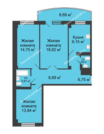 3 комнатная квартира 86,18 м² в ЖК Университетский 137, дом Секция С2