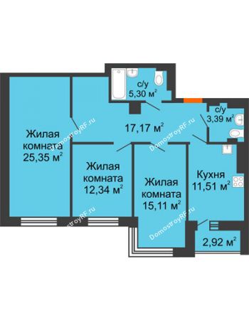 3 комнатная квартира 93,09 м² в ЖК Волжские Огни	, дом B1
