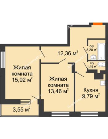 2 комнатная квартира 59,77 м² в ЖК Виктория, дом № 52