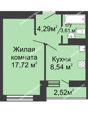 1 комнатная квартира 36,5 м² в ЖК Зеленый берег, дом № 13 корпус 1