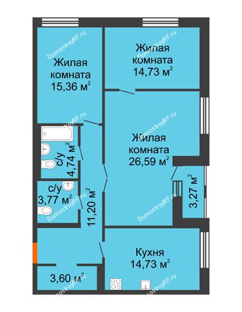 3 комнатная квартира 96,34 м² в ЖК Бунин, дом 1 этап, секции 11,12,13,14