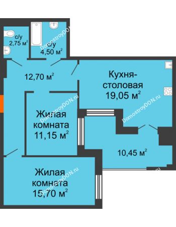 3 комнатная квартира 76,3 м² в ЖК Симфония, дом 3 этап