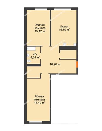 2 комнатная квартира 73,12 м² в ЖК Акватория	, дом ГП-1