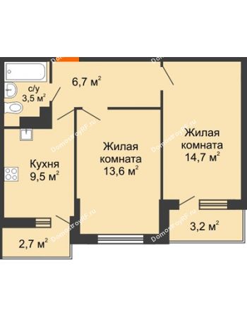 2 комнатная квартира 50,7 м² в ЖК Акварели-2, дом Литер 4