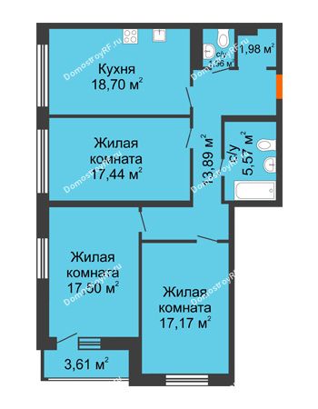 3 комнатная квартира 96,18 м² в ЖК Бунин, дом 1 этап, секции 11,12,13,14