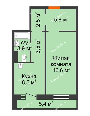 1 комнатная квартира 43,3 м² в ЖК на Калинина, дом № 2.1