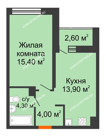 1 комнатная квартира 38,9 м² в ЖК Заречье, дом № 6