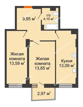 2 комнатная квартира 55,25 м² в ЖК Сердце Ростова 2, дом Литер 8