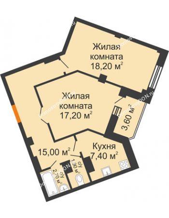 2 комнатная квартира 64,2 м² в ЖК Манхэттен О2, дом № 2