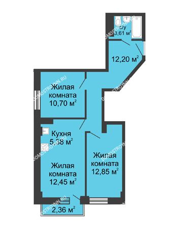 3 комнатная квартира 57,9 м² - ЖК Каскад на Волжской