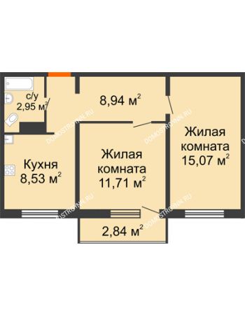 2 комнатная квартира 48,05 м² в ЖК Торпедо, дом № 19