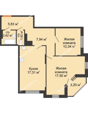 2 комнатная квартира 66,34 м² в ЖК Рассвет, дом № 1
