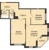 2 комнатная квартира 66,34 м² в ЖК Рассвет, дом № 1 - планировка
